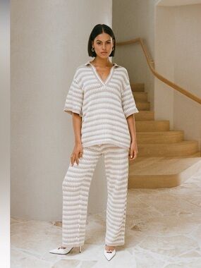 SABO Striped Knit Pants and Top Set in Cream & White